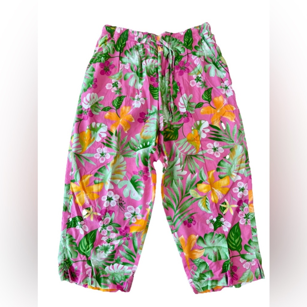 Erika Petite Women’s Bright Tropical Print Resort Wear Cropped Cotton Pant,PM